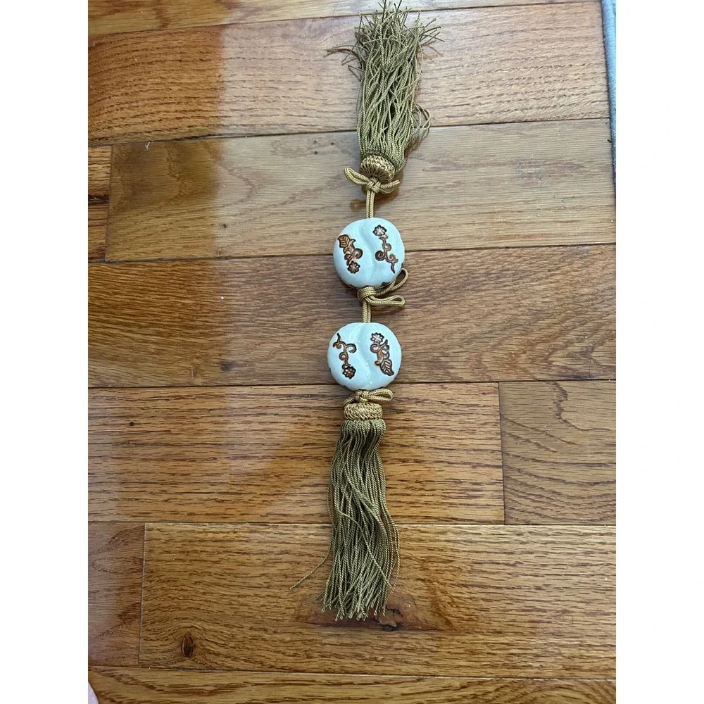 Vintage Ceramic Floral Tassels Curtain Tiebacks Olive Gold Fringe Set of 2